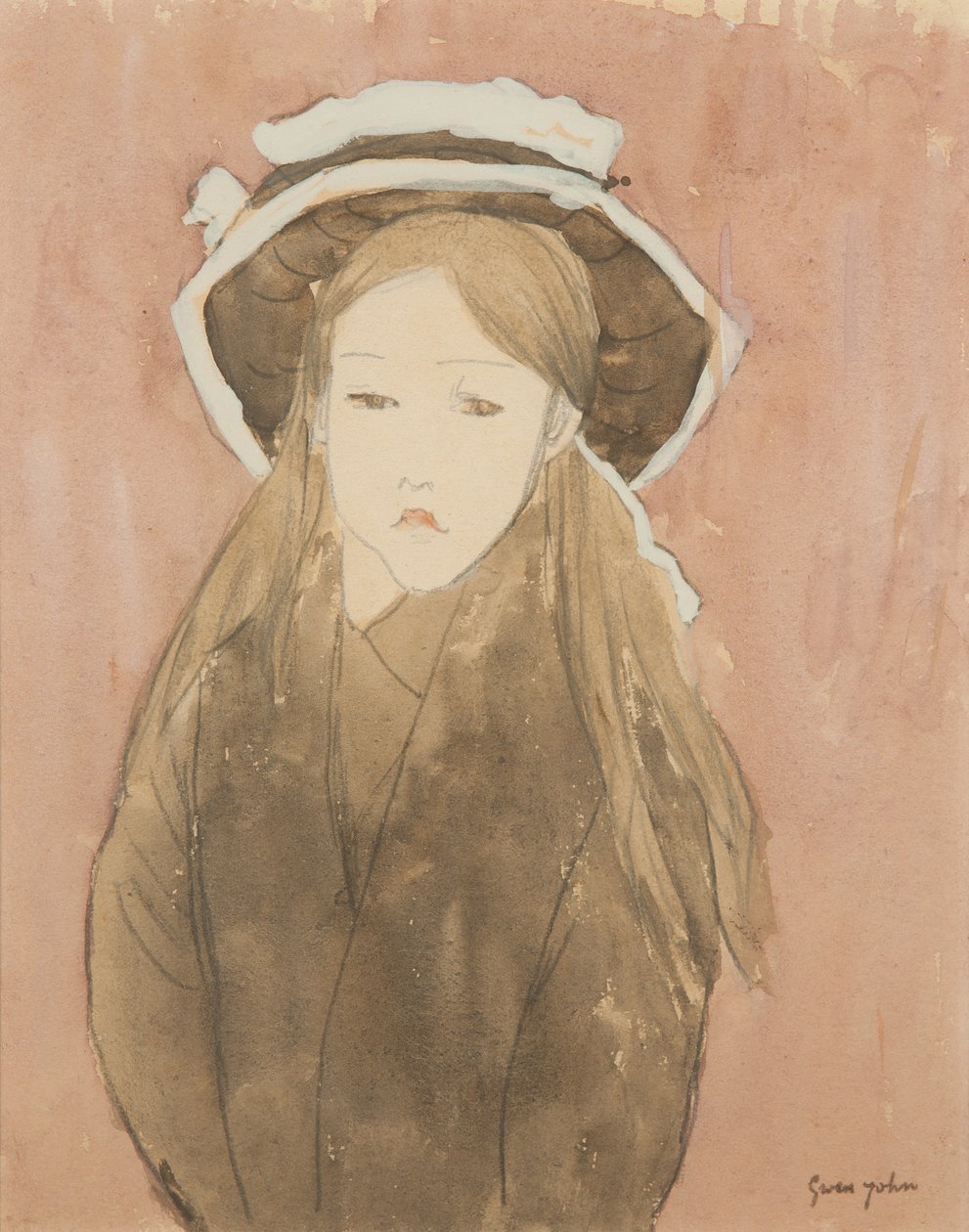 Büyük şapka giyen küçük kız (kağıt üzerine suluboya) by Gwen John