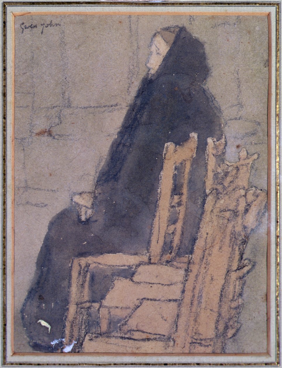 Siyah Şallı Yaşlı Kadın (suluboya, gövde rengi ve bej kağıda siyah pastel boya) by Gwen John
