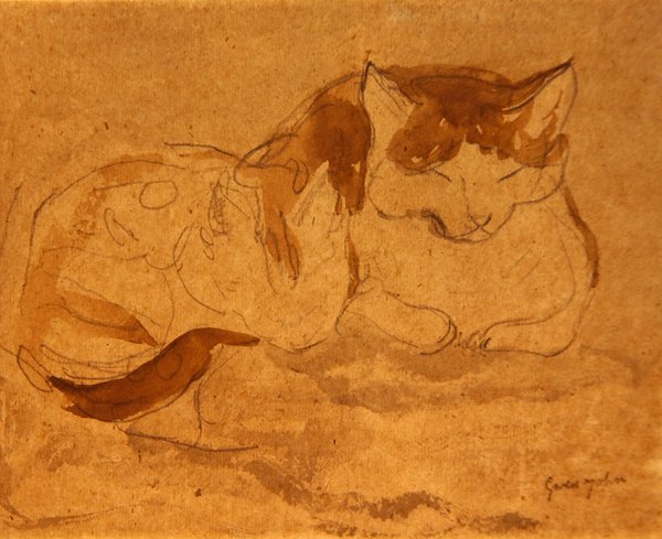 Uyuyan Kedi (kağıt üzerine kalem ve sulu boya) by Gwen John