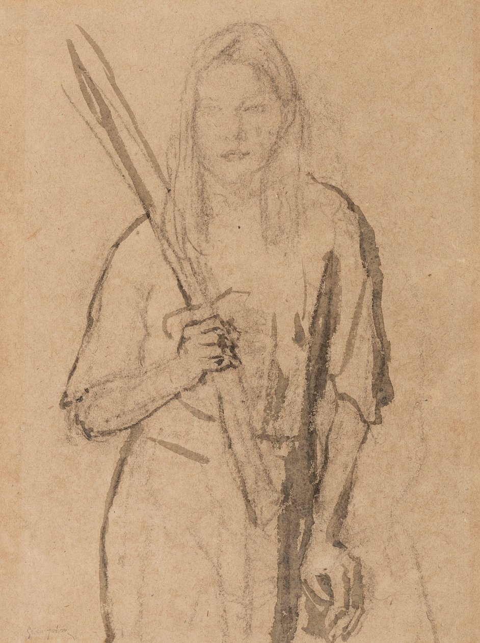 Elinde tahta direk olan duran kız (kalem ve kağıt üzerinde yıkayın) by Gwen John