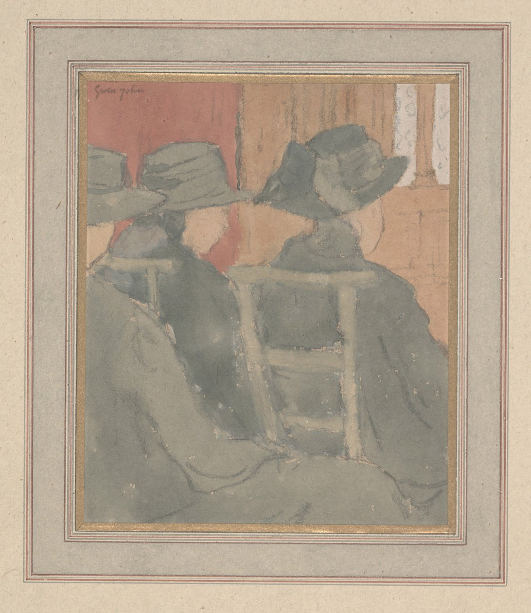 Kilisede Kadın ve Yetim Kız (kağıt üzerine karakalem ve sulu boya) by Gwen John