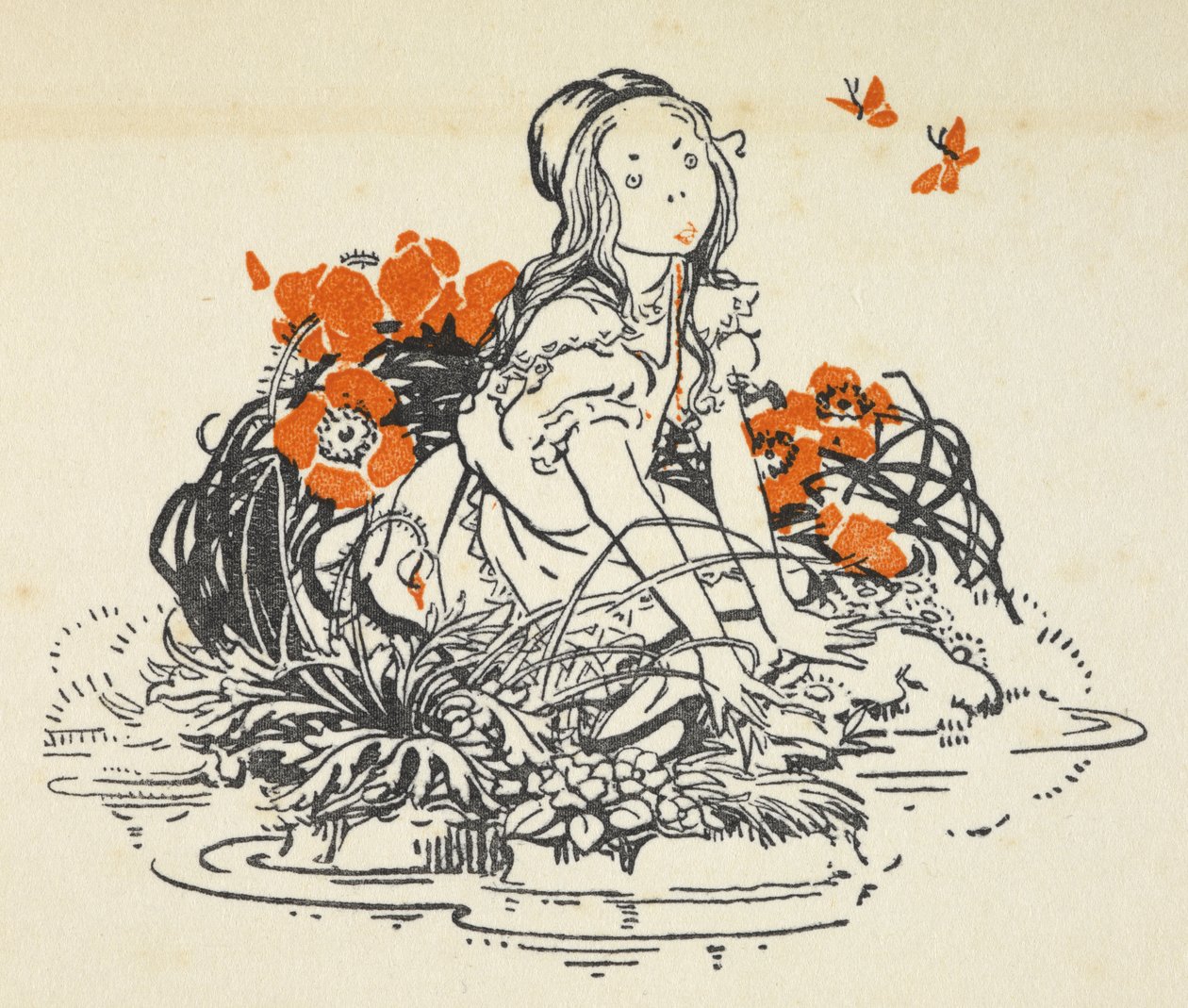 Gelincikler ve kelebeklerle çevrili bir havuzun yanında Alice'in çizimi by Gwynedd M. Hudson