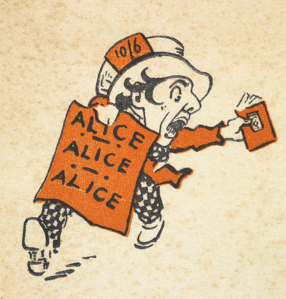 Bir kitap ve 'Alice Alice Alice' yazan bir tabela ile koşan Çılgın Şapkacı'nın resmi by Gwynedd M. Hudson