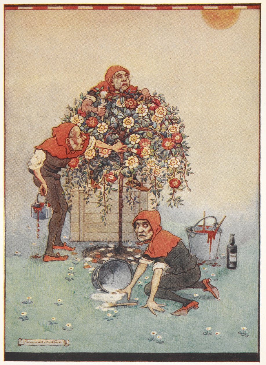 Queen of Heart'ın bahçıvanları, Alice Harikalar Diyarında'daki gülleri beyazdan kırmızıya boyuyor. by Gwynedd M. Hudson