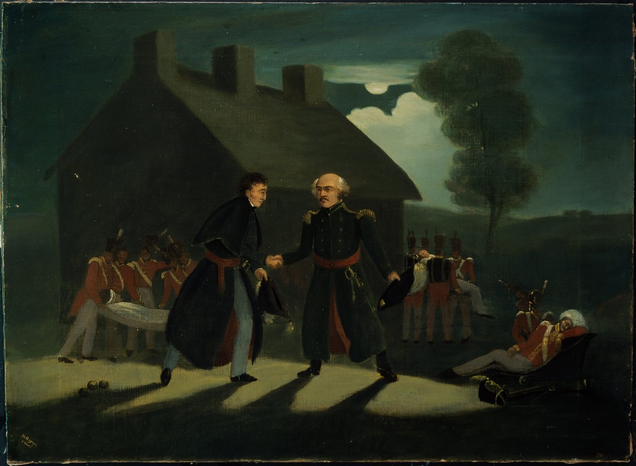 Wellington (1769-1852) ve Blucher'ın (1742-1819) Waterloo Savaşı'ndan sonra La Belle Alliance'ta buluşması, c.1820 by H. Baynes