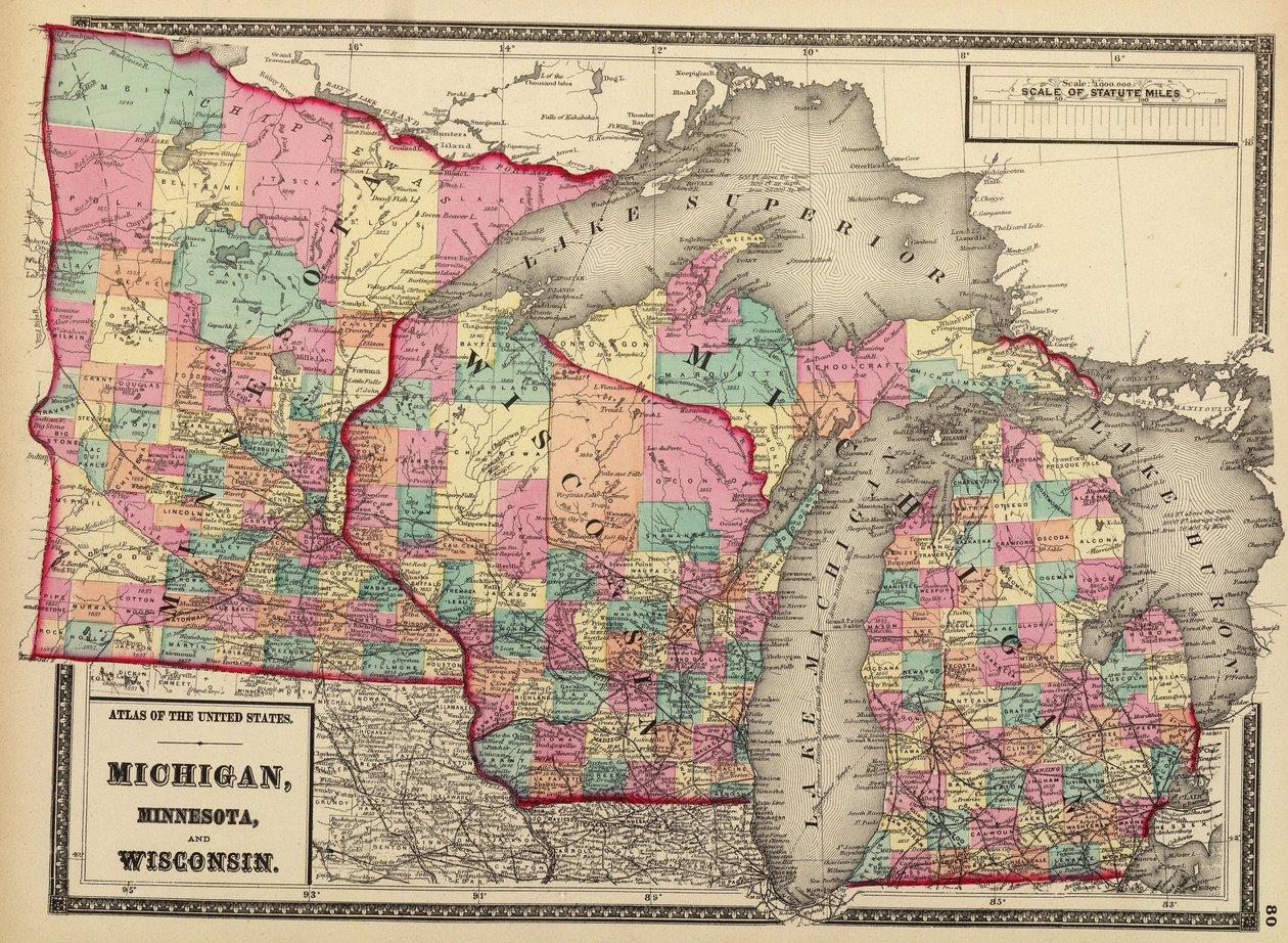 Minnesota, Wisconsin ve Michigan eyaletlerinin 1872 haritası by H. F.; Gray Walling