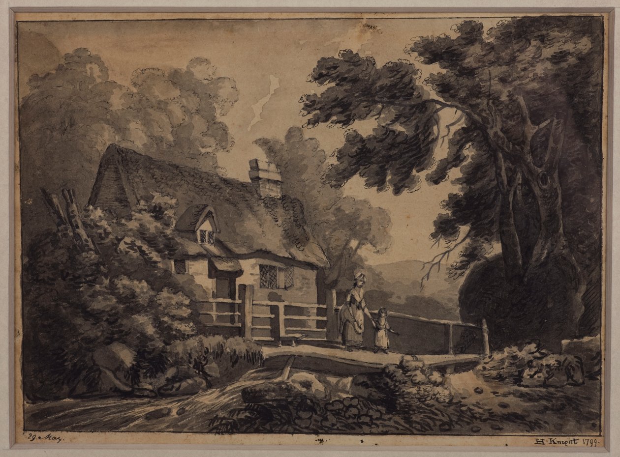 Dereyi geçen bir anne ve çocuk, 1799 (kalem, mürekkep ve kağıt üzerinde yıkama) by H. Knight