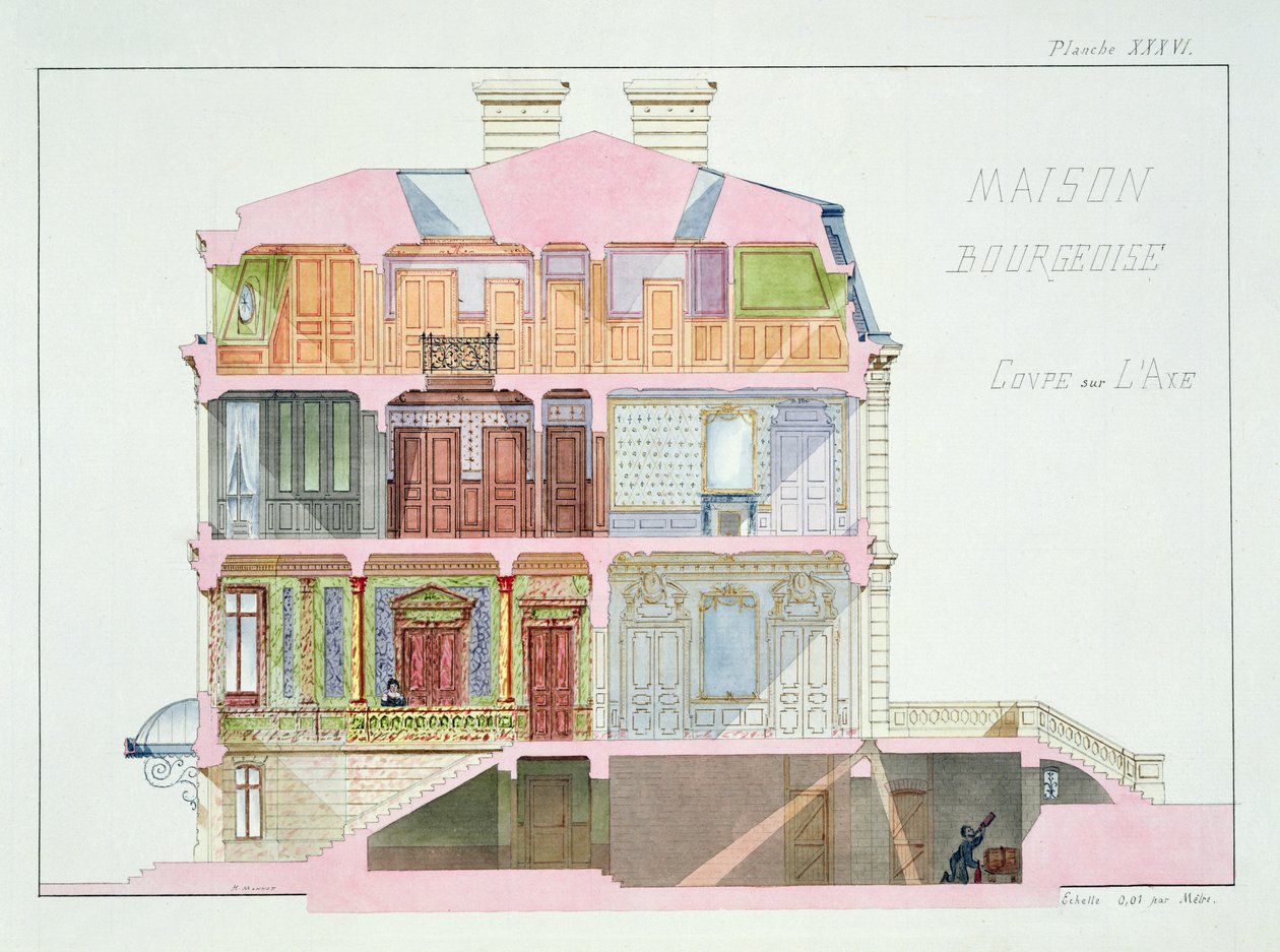 Burjuvazi evinin enine kesiti, bir tasarım folyosundan XXXVI levhası, 1870 dolayları by H. Monnot