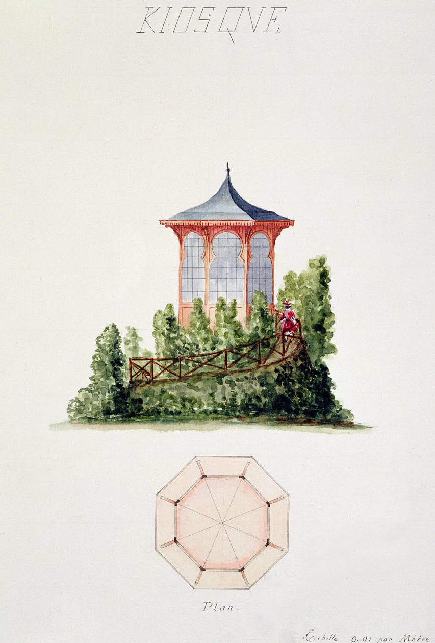 Klasik ve erken Belle-Epoque stillerinde orijinal çizimlerden oluşan bir folyodan, basitleştirilmiş oryantal tarzda bir pavyon tasarımı, c.1870 by H. Monnot