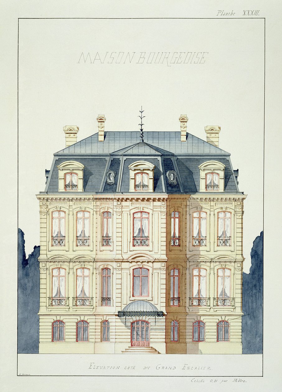 Burjuvazi için bir evin önden görünüşü, levha XXXIII, bir tasarım folyosundan, c.1870 by H. Monnot
