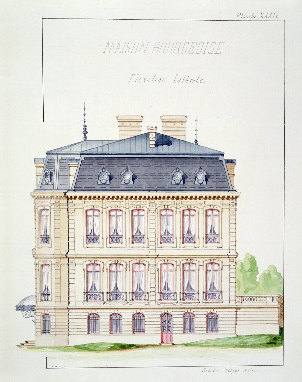 Burjuvazi için bir evin yandan görünüşü, bir tasarım folyosundan XXXIV levhası, 1870 dolayları by H. Monnot