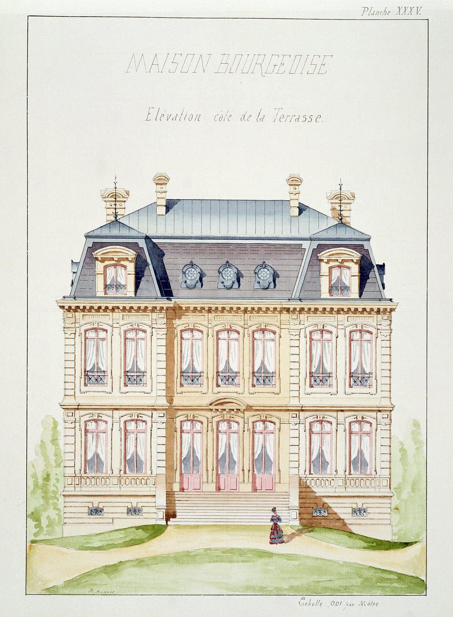 Burjuvazi için bir evin terastan görünüşü, levha XXXV, bir tasarım folyosundan, c.1870 by H. Monnot