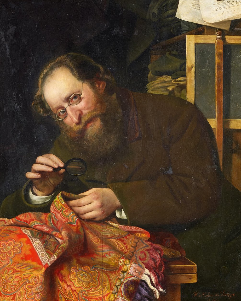 Büyüteçle duvar halısını inceleyen sakallı bir beyefendinin portresi by H. von Ossowski Dolega