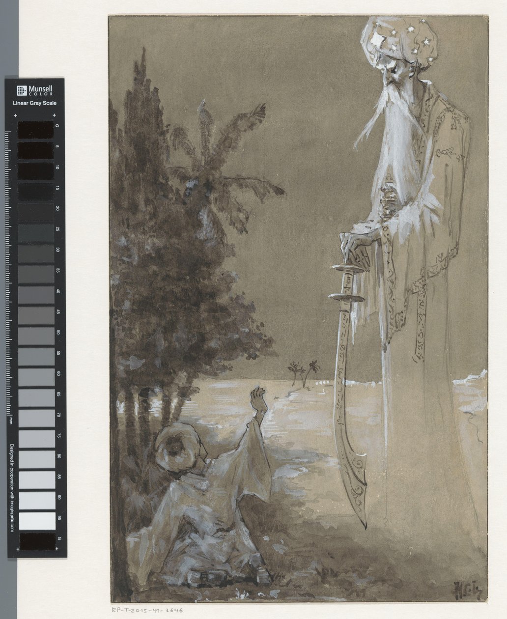 Sakallı uzun boylu adam oturmuş bir çocuğa tepeden bakıyor. by H.C. Louwerse (signed by artist)