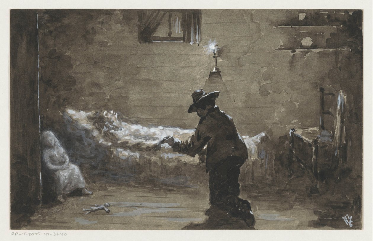 Adam bir kadının yatağının yanında diz çöküyor by H.C. Louwerse (signed by artist)