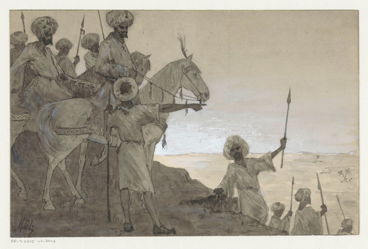 Çöl manzarasında at sırtında savaşçılar by H.C. Louwerse (signed by artist)