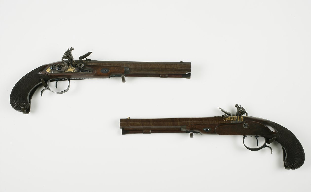 Çift Çakmaklı Düello Tabancası, c.1780-1800 (karışık teknik) by H.W. Mortimer and Sons