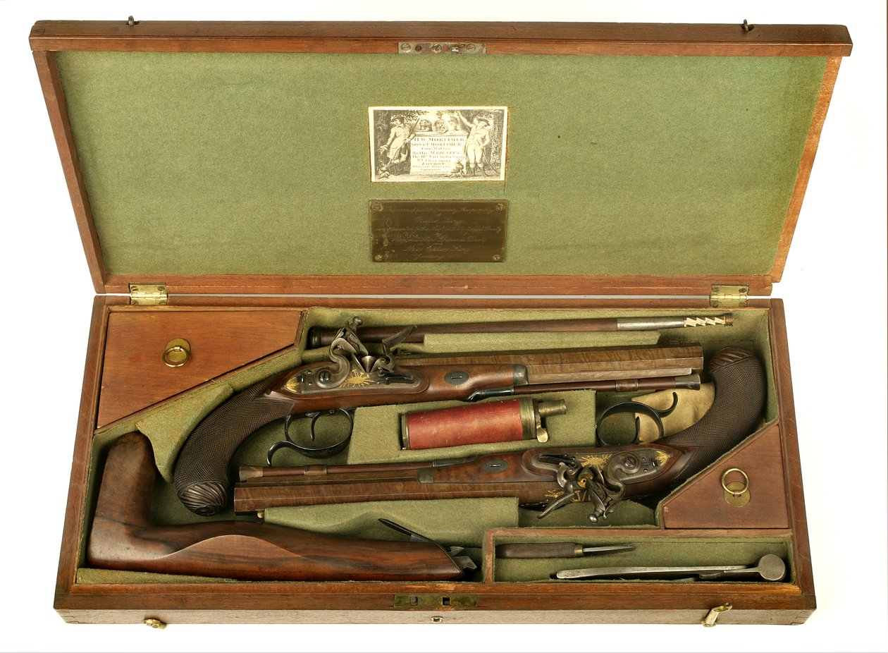 Bir Çift Çakmaklı Düello Tabancası, Kılıflı ve Aksesuarlı, c.1780-1800 (karışık teknik) by H.W. Mortimer and Sons