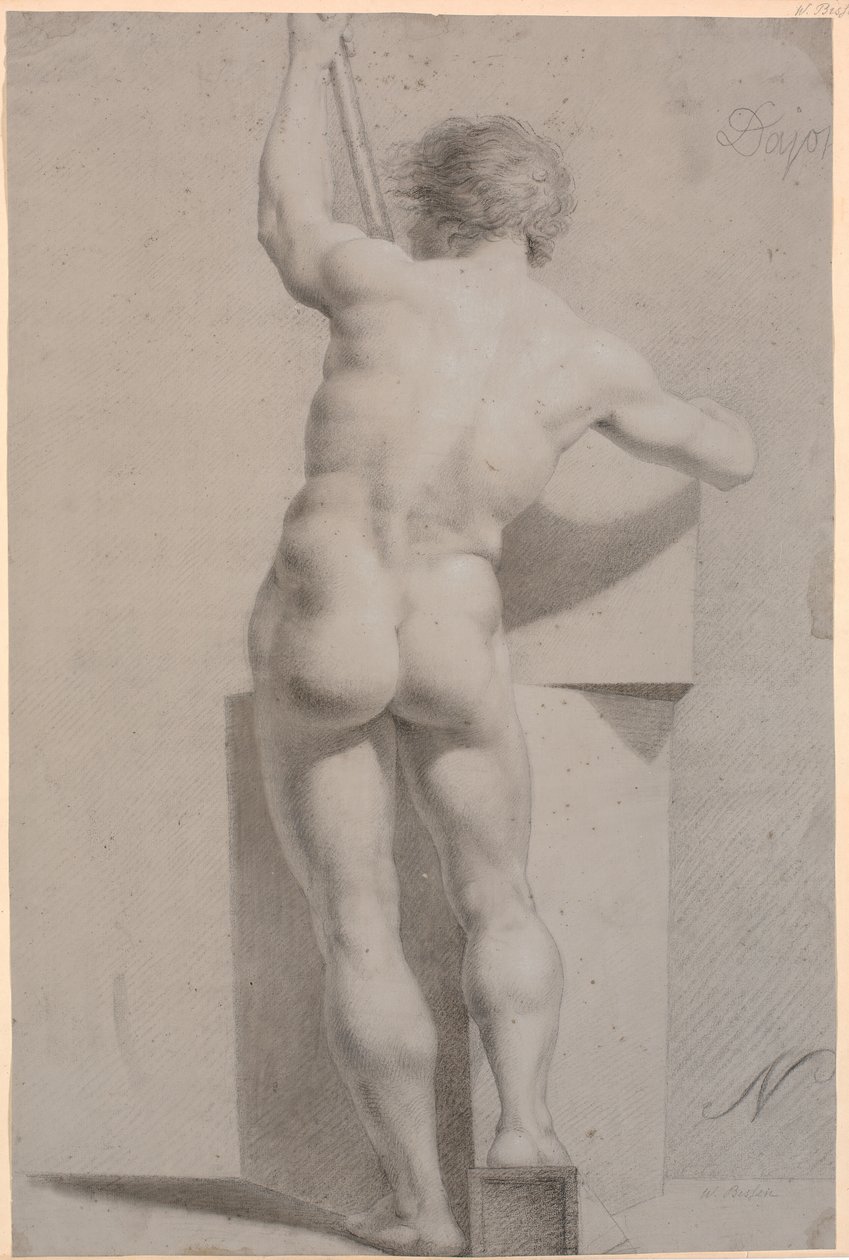 Ayakta modeli. Arkadan görüldü. Sol elinde çubuk by H.W. Bissen
