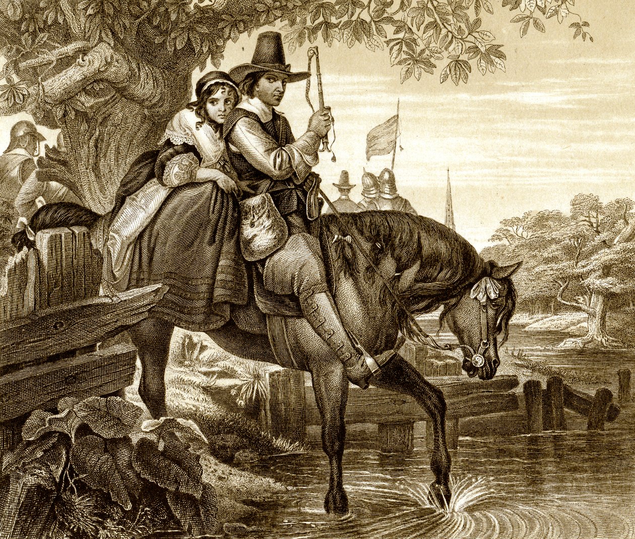 Kılık değiştirmiş II. Charles, kaçmasına yardım eden Jane Lane, 1651, 19. yüzyıl. by H. Bourne