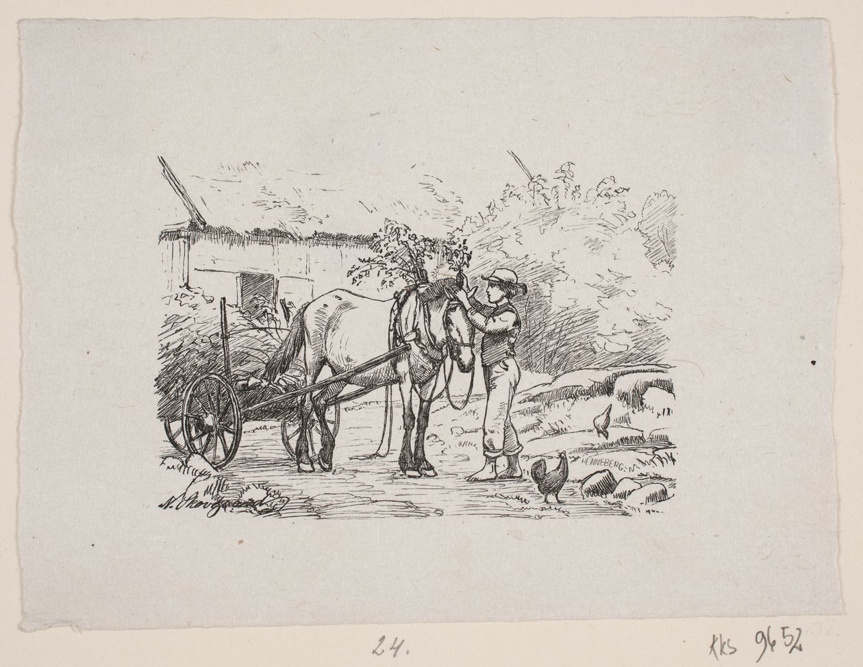 Bir çocuk bir at koşum takımını yeşil dallarla süslüyor. by H. C. Henneberg