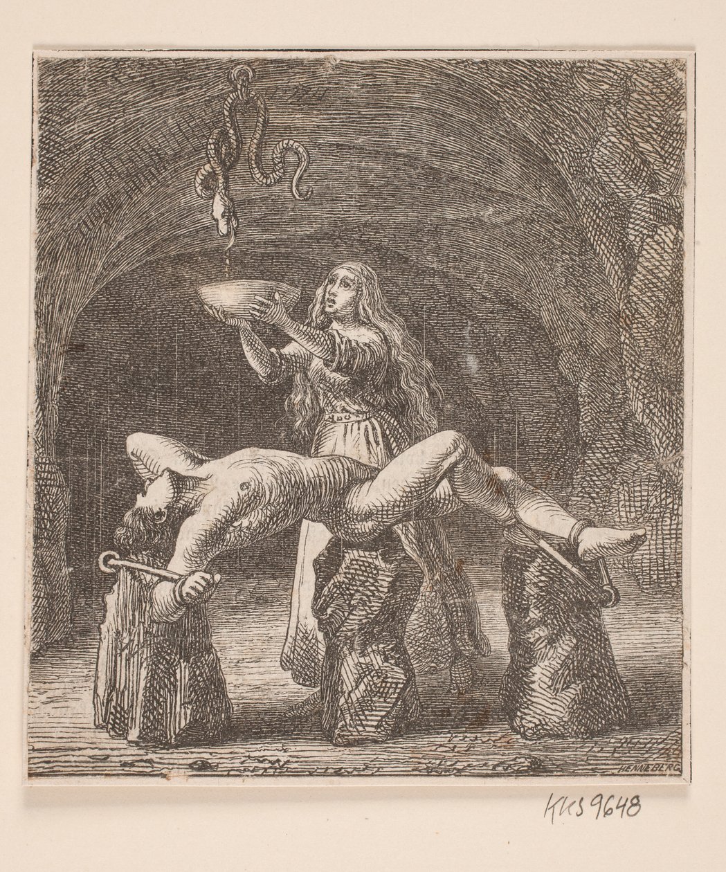 Sigyn kaseyi yılan ve Loki arasında tutar. by H. C. Henneberg