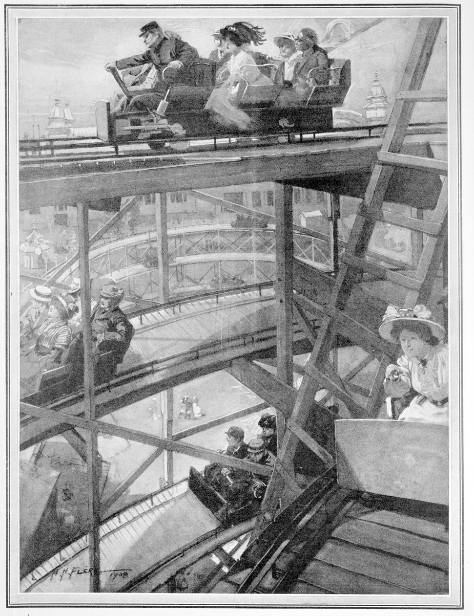 Fransız-İngiliz sergisinde sarmal demiryolu, 1908 by H. H. Flere