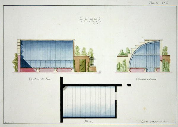 Klasik ve erken Belle-Epoque stillerinde orijinal çizimlerden oluşan bir folyodan, kavisli cam duvarları ve çatısı olan bir sera tasarımı, c.1870 (kağıt üzerine kalem ve mürekkep) by H. Monnot