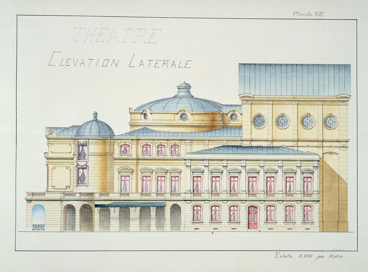 Bir Tiyatronun Yandan Yükselişi, bir tasarım folyosundan levha VII, c.1870 by H. Monnot