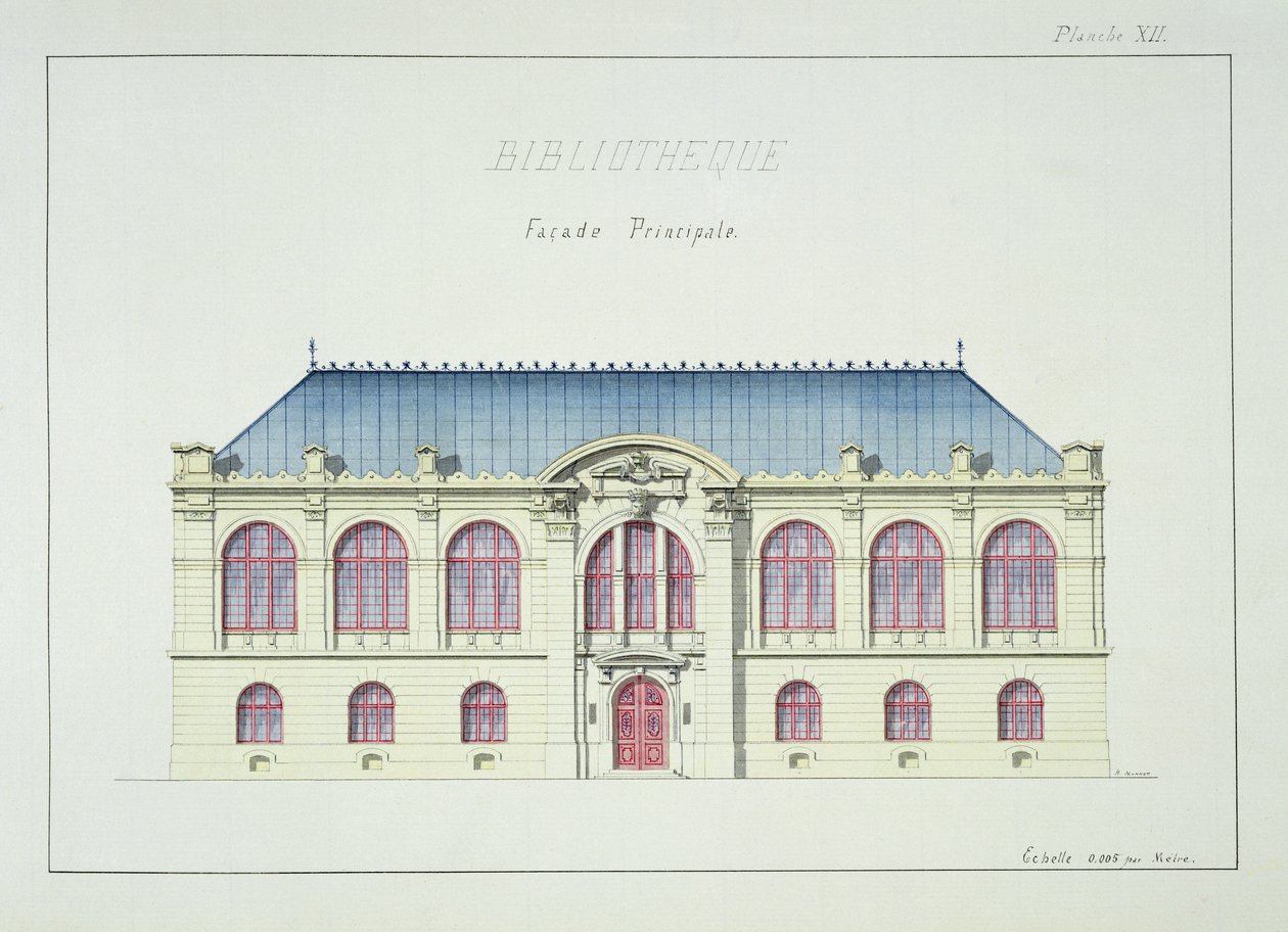 Bir Kütüphanenin ana cephesi, bir tasarım folyosundan levha XII, c.1870 by H. Monnot