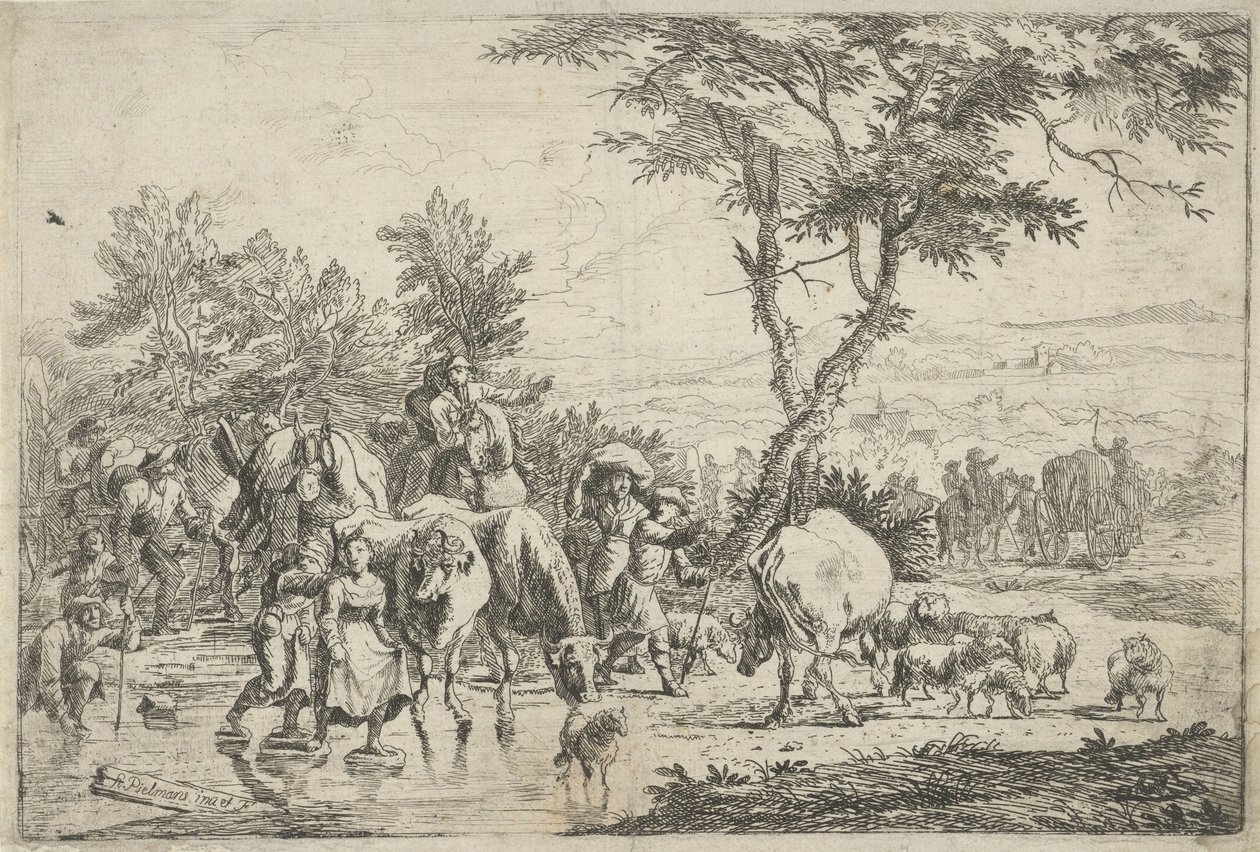 Çiftçiler sürüleriyle bir dereyi geçti by H. Pielmans