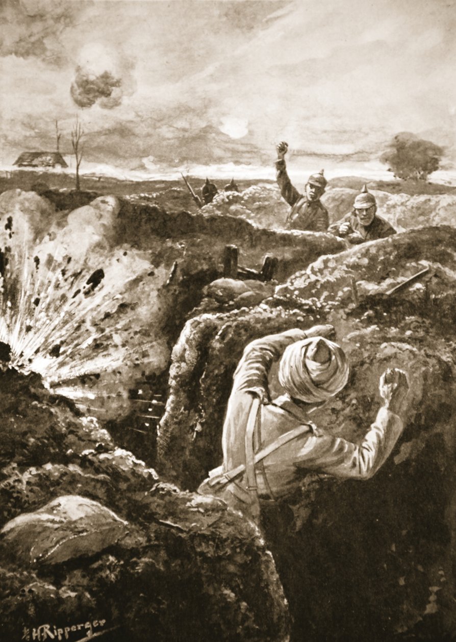 Teğmen De Pass, saplarından birine girdikten sonra düşmanı bombalıyor by H. Ripperger