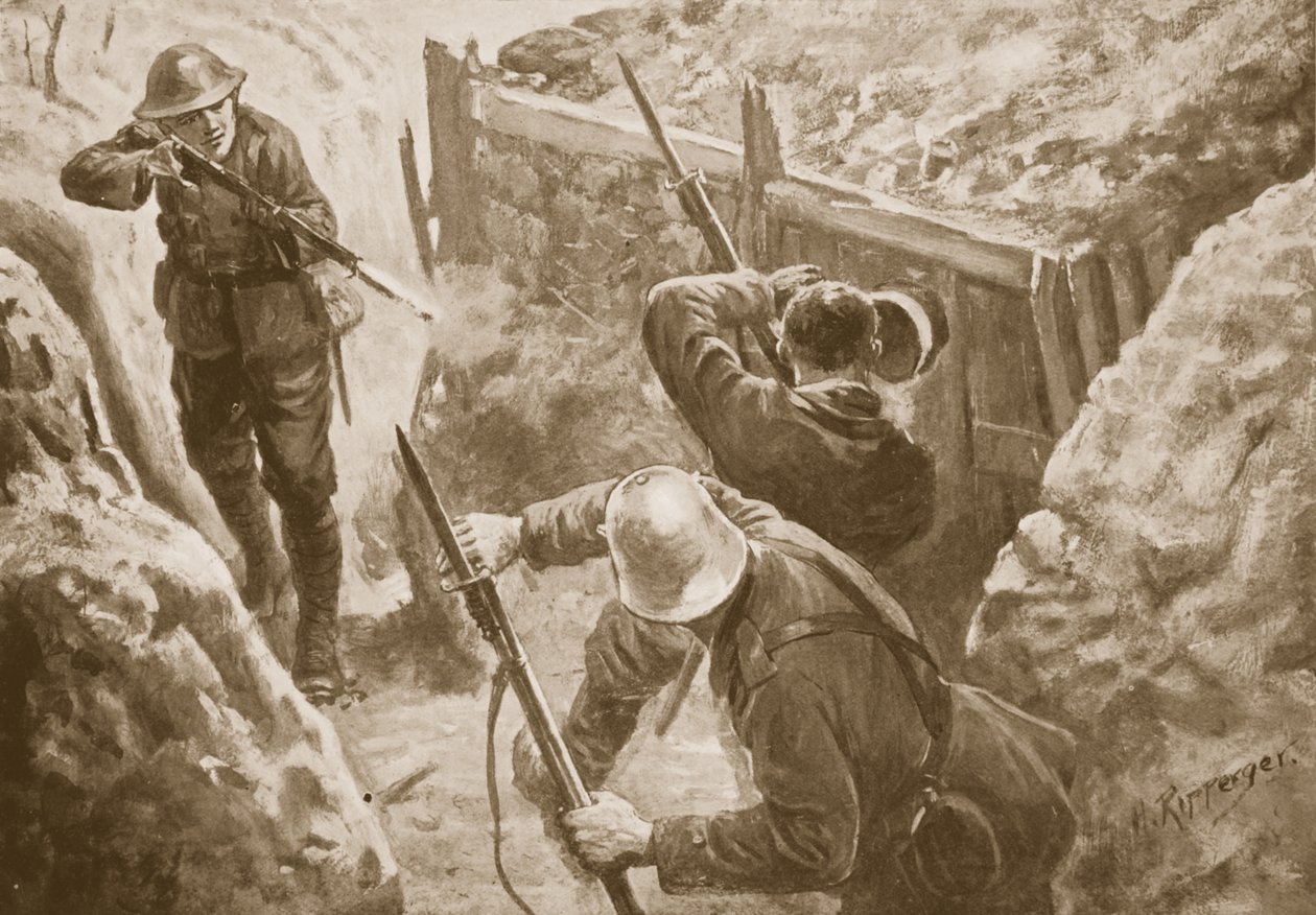 Er J. Hutchinson, bir Alman siperine saldırı düzenlerken iki Alman nöbetçiyi vuruyor by H. Ripperger
