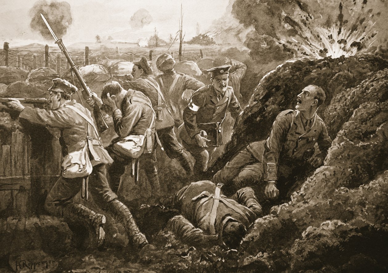 Teğmen Hallowes, ölümcül şekilde yaralanmış halde yatarken adamlarını cesaretlendiriyor by H. Ripperger
