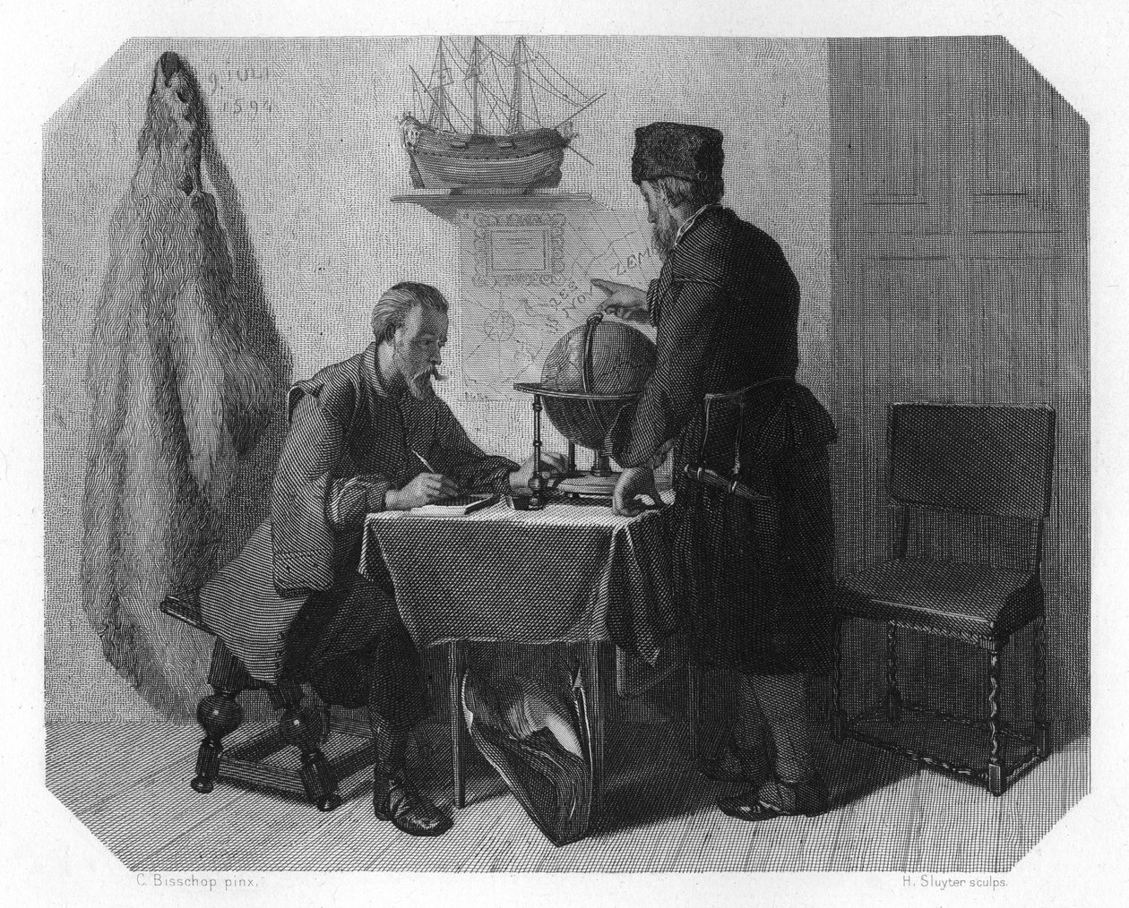 Willem Barents ve Jacob van Heemskerk rotalarını çiziyor, 1596 c1870 by H. Sluyter