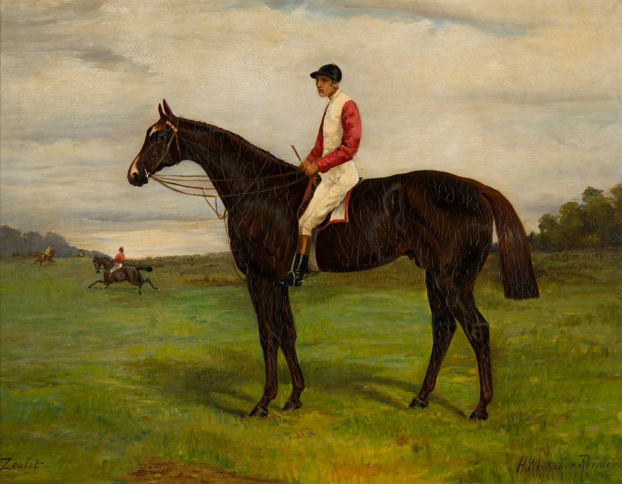Jokeyli bir körfez yarış atı olan Zealot, 1871-1933 dolayları (tuval üzerine yağlı boya) by H. Whittaker Reville