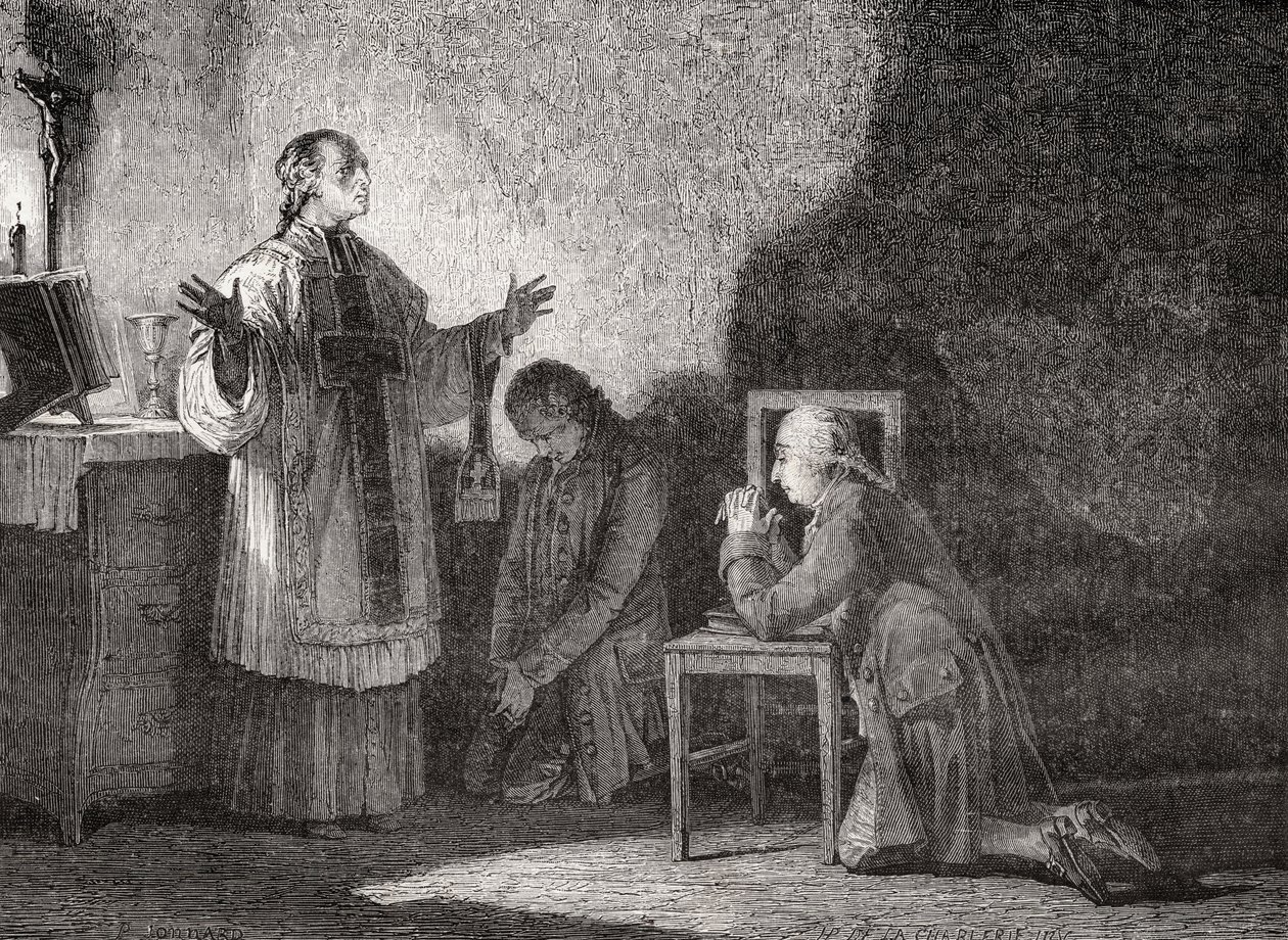 Louis XVI (1754-93) idamından önce dua ederken by H. de la Charlerie