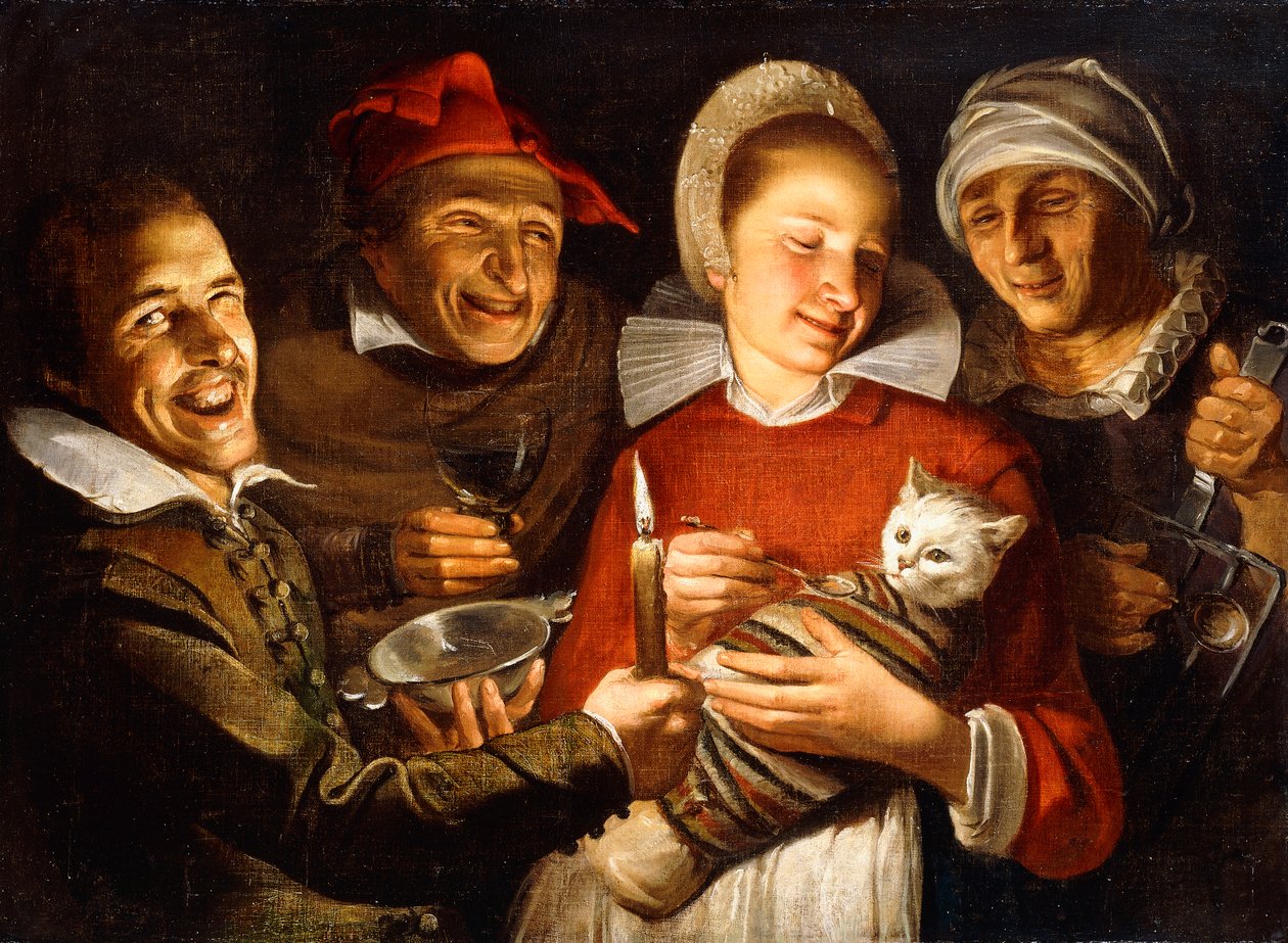 Bir Hollanda Atasözü - Etrafı erkeklerle çevrili, bağlı bir kediyi besleyen bir kadın, by Haarlem School