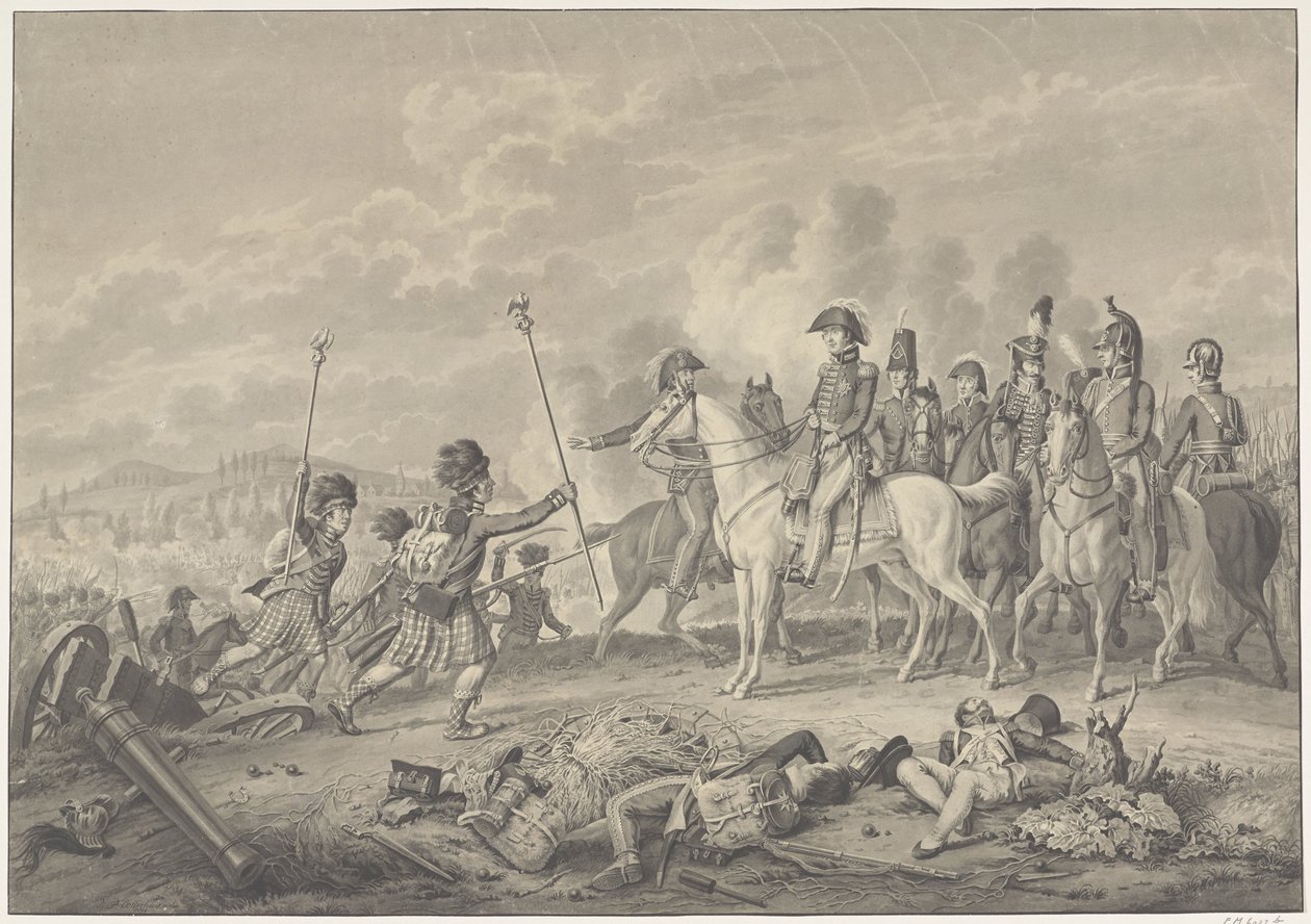 Wellington Dükü, 1815 Waterloo Savaşı sırasında Fransızlardan ele geçirilen kartallarla iki standart alır. by Haatje Pieters Oosterhuis
