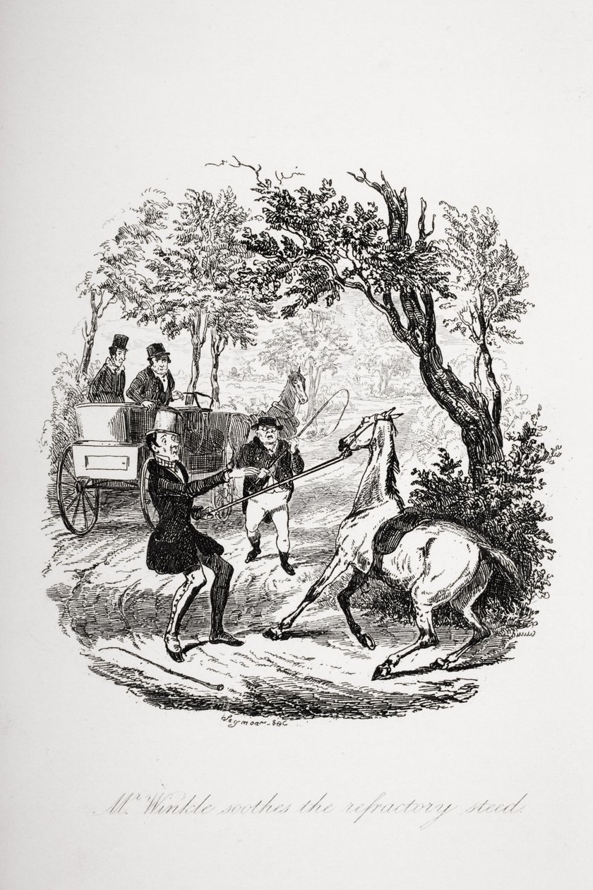 Mr. Winkle soothes the refractory steed, illustration from `The Pickwick Papers