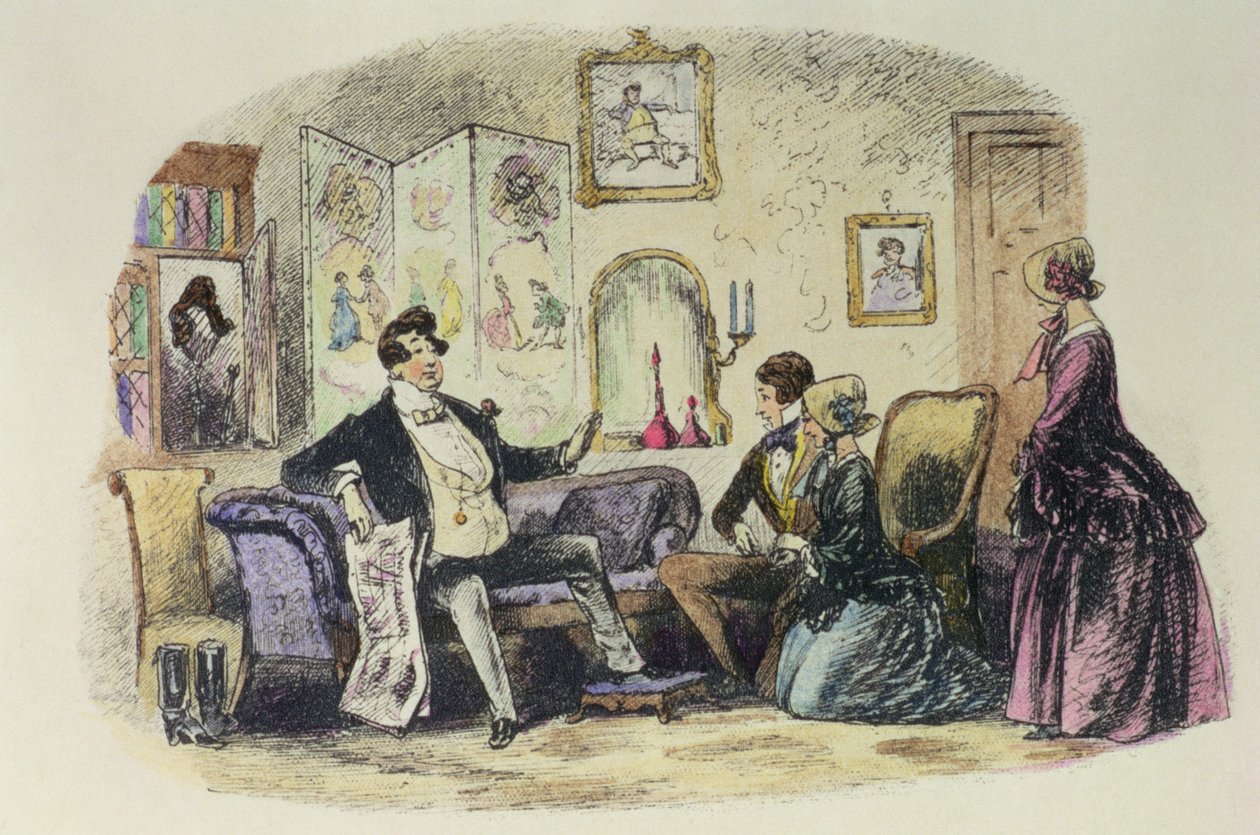 Prens Turveydrop, Charles Dickens (1812-70) 1853 (renkli) tarafından Esther Summerson ile nişanlandıklarını duyurduklarında oğlunu ve gelinini kutsar. by Hablot Knight Browne