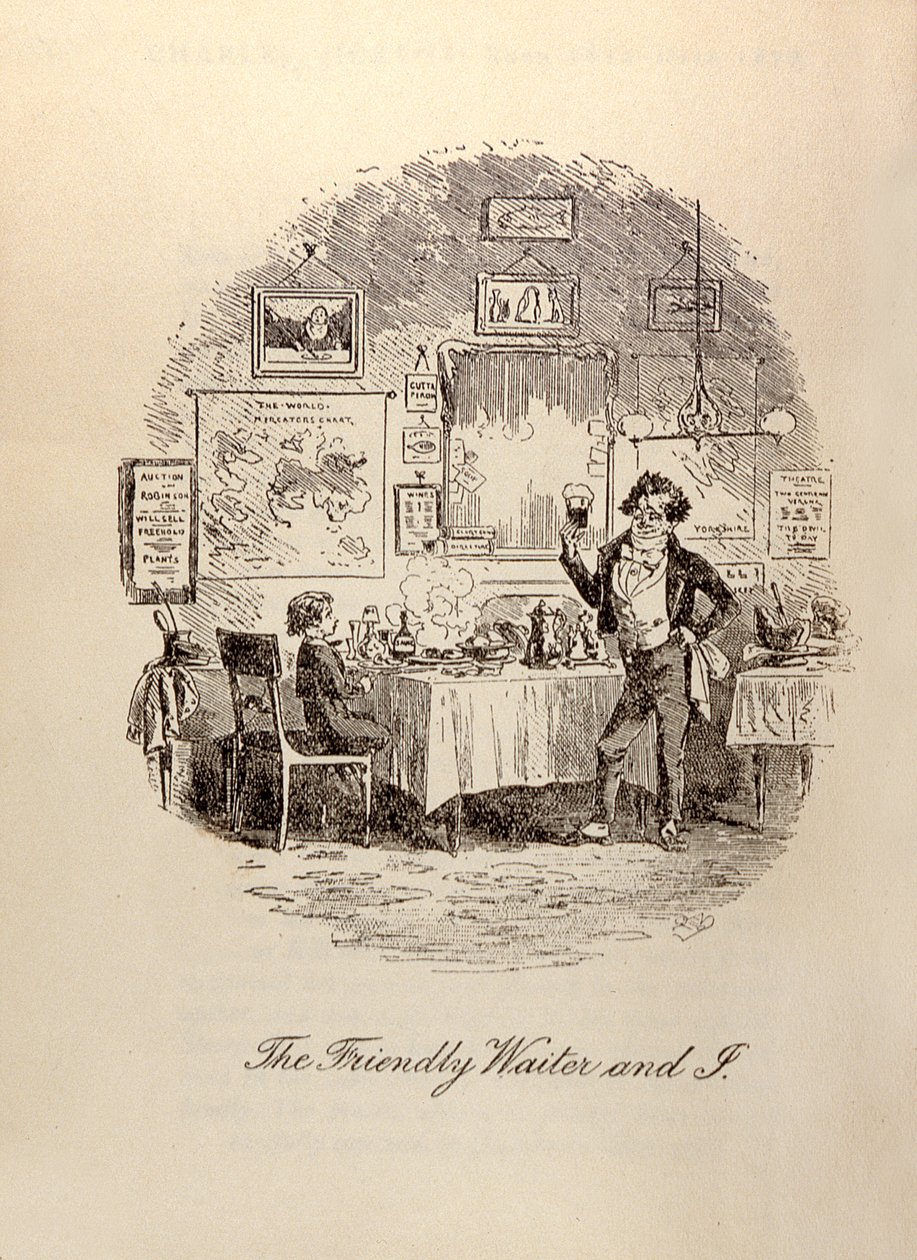 Charles Dickens'ın (1812-70) 'David Copperfield' kitabından 'The Friendly Waiter and I', by Hablot Knight Browne