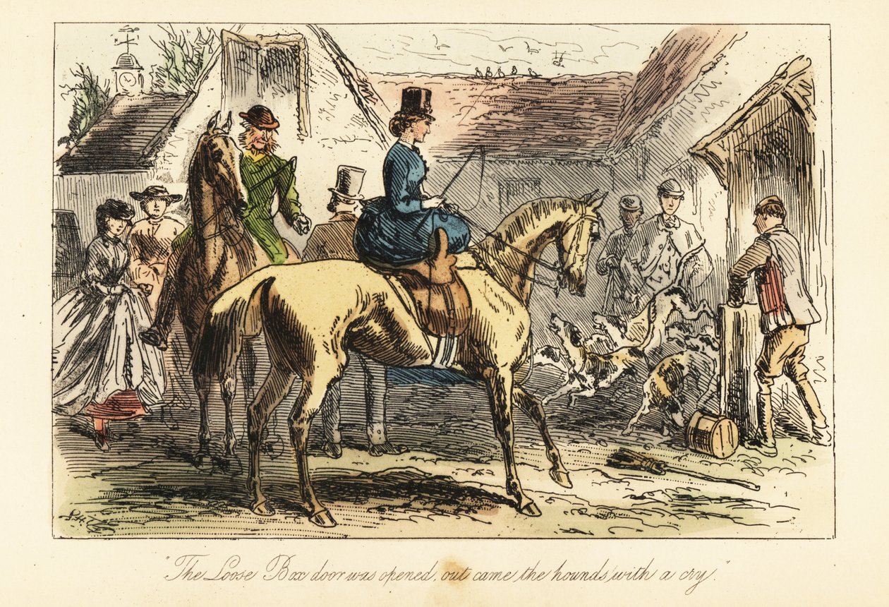Avcılar ve kadınlar, avdan önce tilki köpeklerinin ağıldan çıkışını izliyor by after Hablot Knight Browne