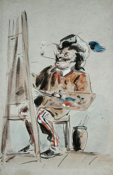Bir sanatçının karikatürü (kağıt üzerine sulu boya) by Hablot Knight Browne