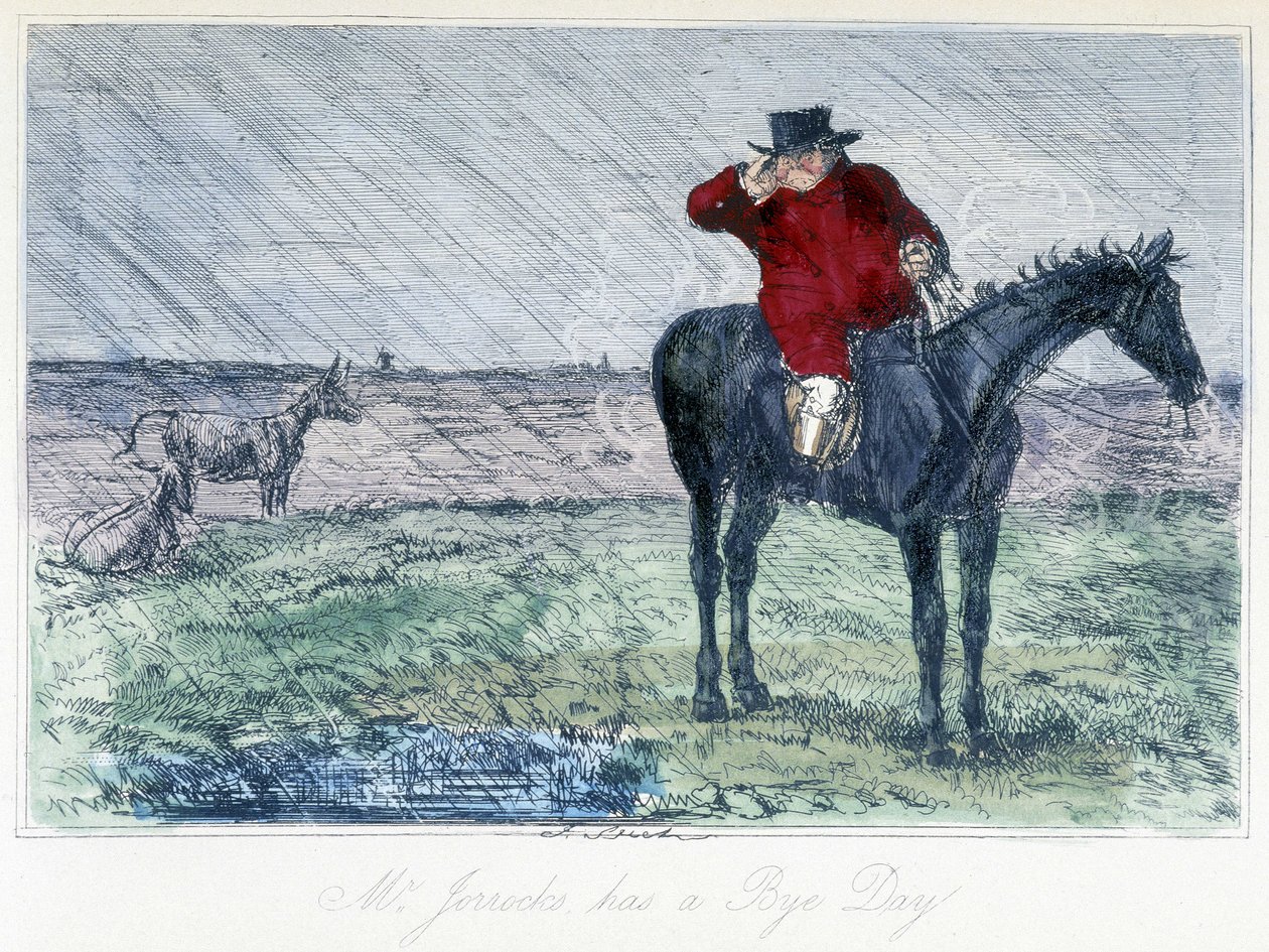Yağmurlu bir günde at avı sahnesi. “Thomas Scott veya Hauwbuck Grange'ın maceralarından” tilki avı üzerine İngiliz karikatürü, HK Browne ve WT Maud tarafından illüstrasyon. by Hablot Knight Browne
