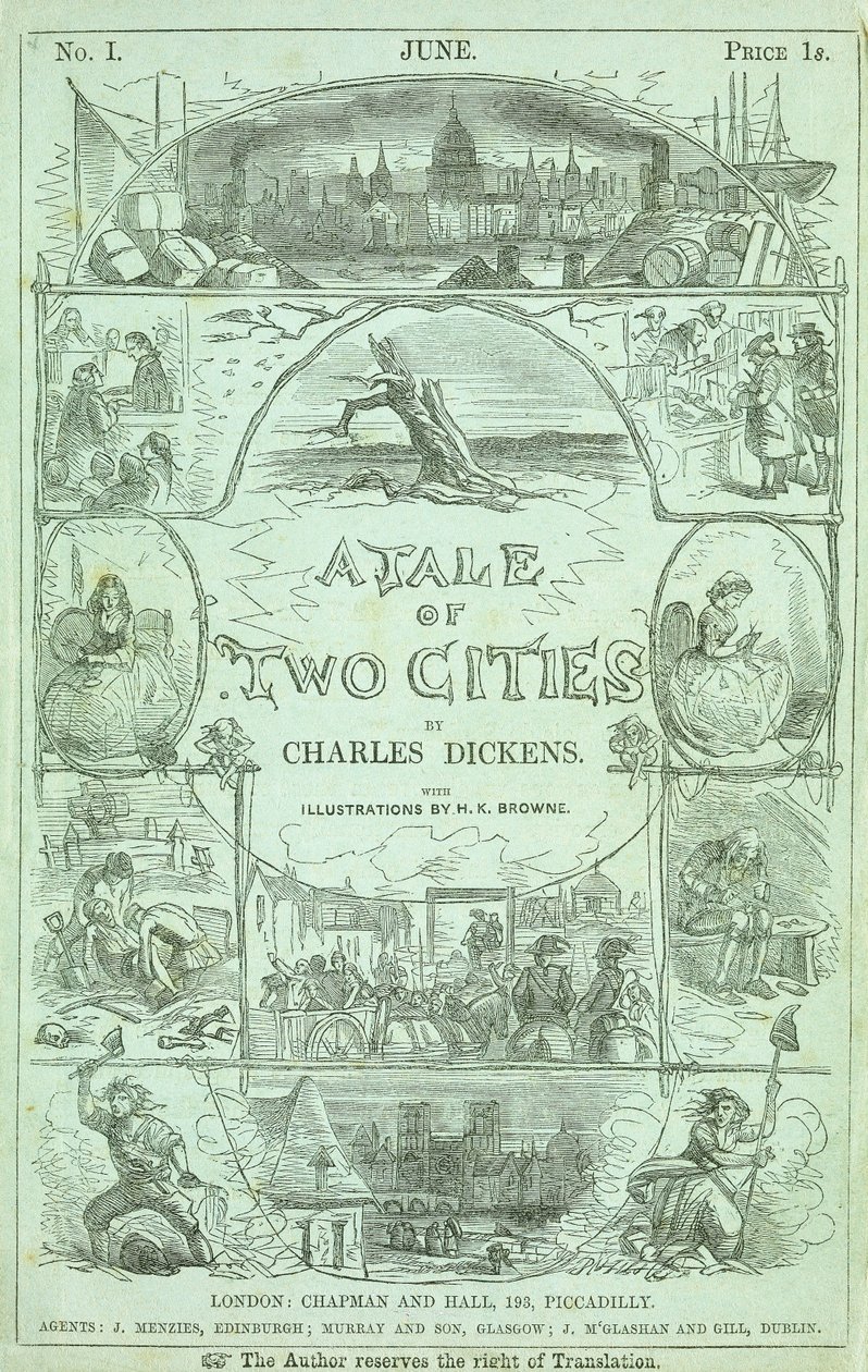 Charles Dickens'ın "İki Şehrin Hikayesi" kitabının serileştirilmiş kısımlardaki ilk baskısının ilk bölümünün başlık sayfası, 1859 by Hablot Knight Browne