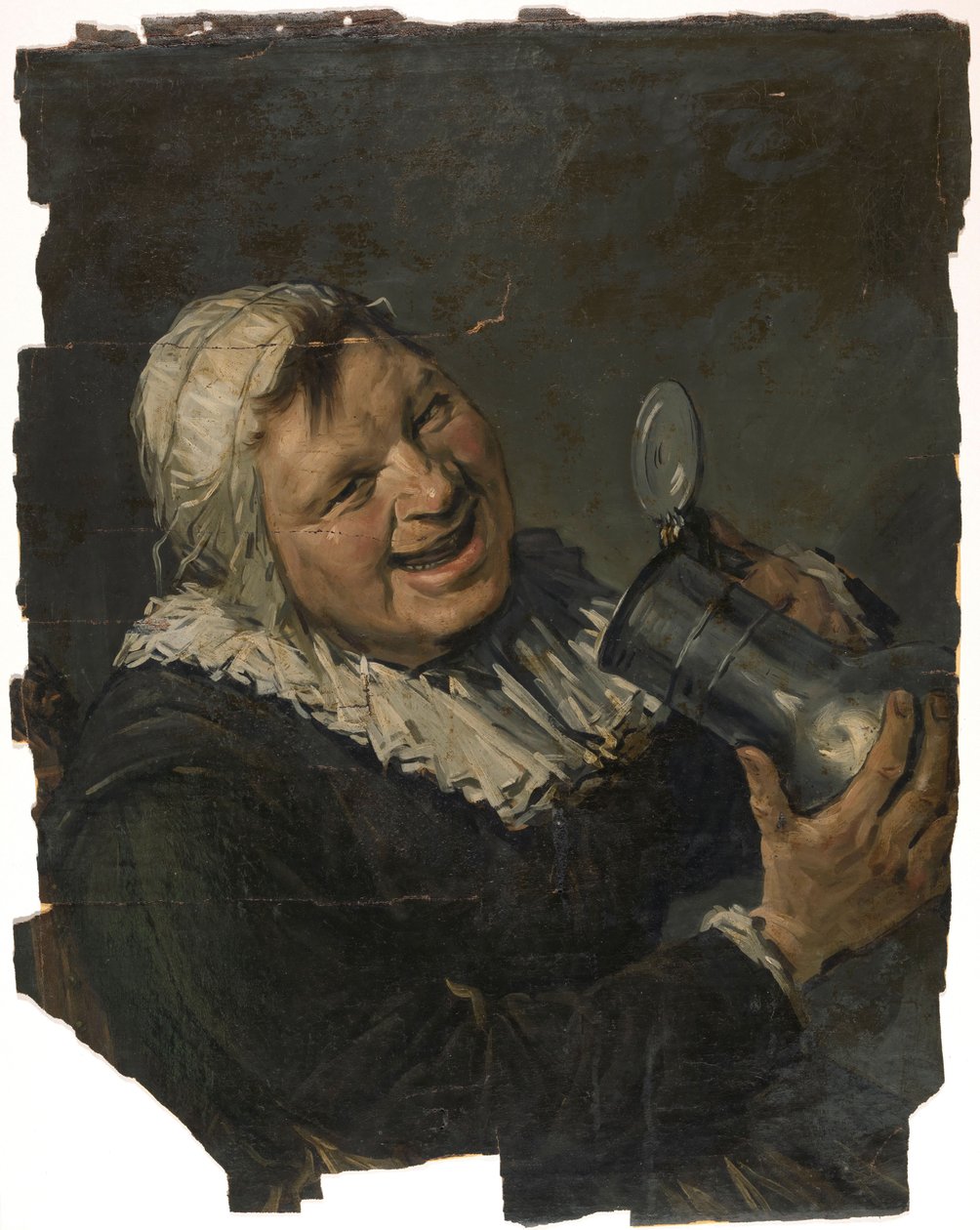 Malle Babe. Gülümseyen yaşlı bir kadın ağzına bir testi kaldırıyor. Frans Hals tarzında boyanmış by Han van Meegeren