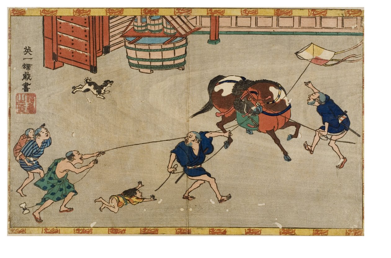 Uçurtmayla ürken at, c.1830-1839 (kağıda tahta baskı) by Hanabusa Itcho