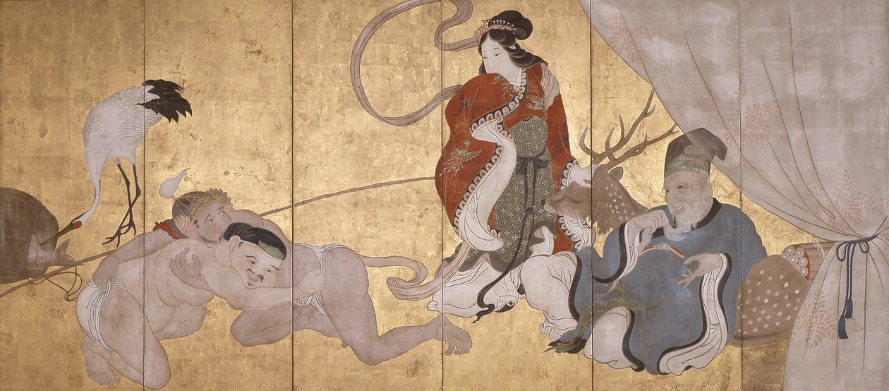Seven Gods Of Good Fortune (mürekkep, kağıt üzerine renkli ve altın varak, altı katlı ekran) by Hanabusa Itcho