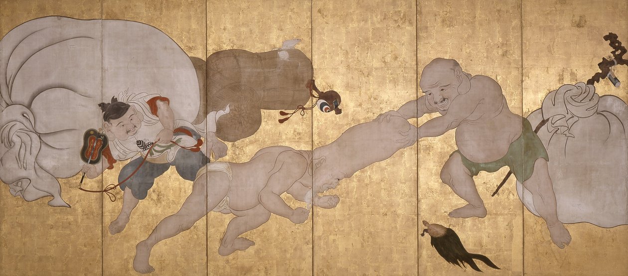 Seven Gods Of Good Fortune (mürekkep, kağıt üzerine renkli ve altın varak, altı katlı ekran) by Hanabusa Itcho